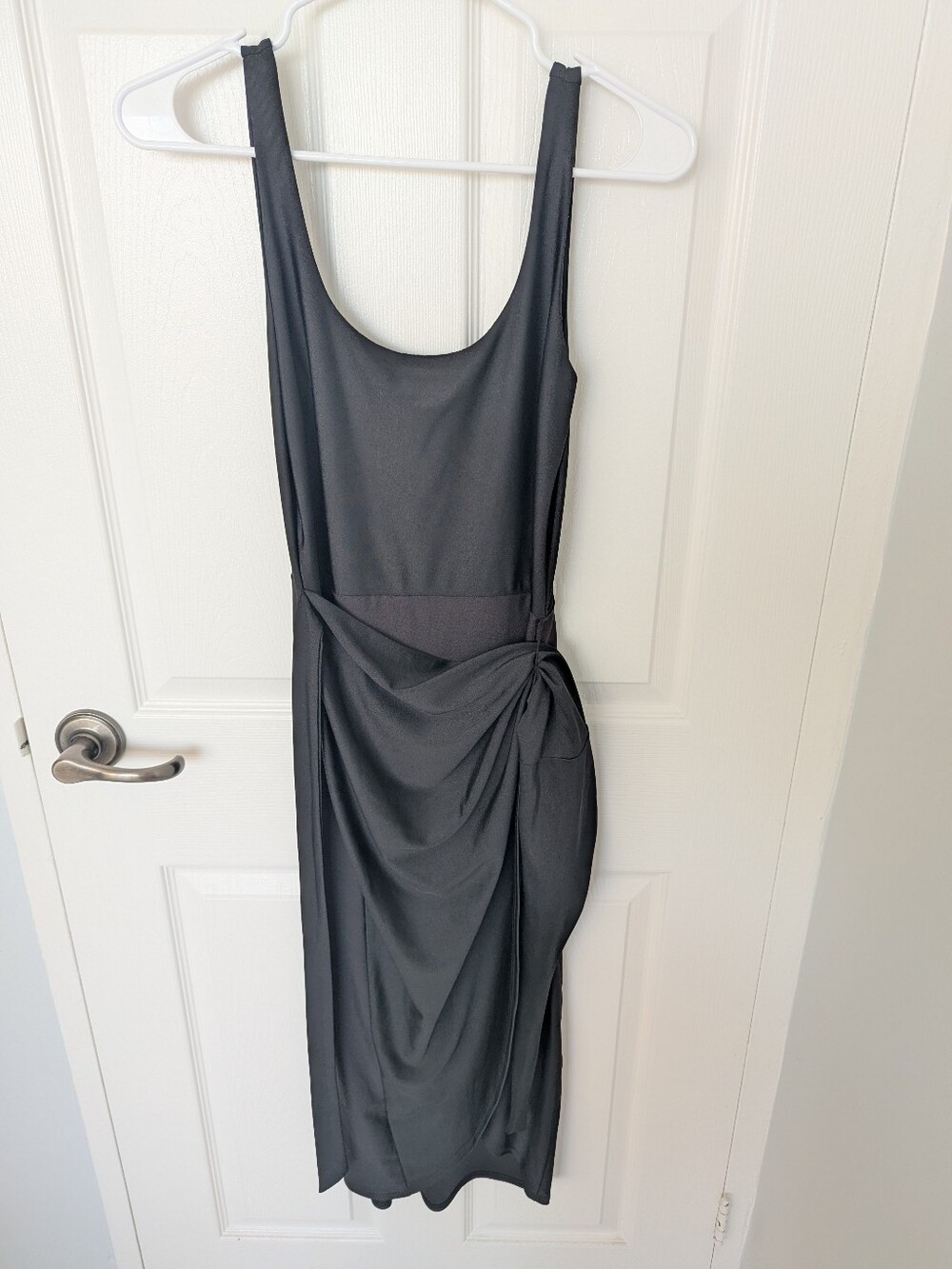 Sleek Black Draped Midi Dress